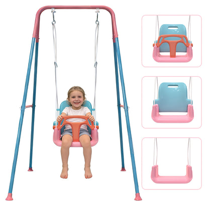 Foldable 3-in-1 Child Swing Set with Metal Stand, Detachable Seat for Ages 6 Months to 10 Years, Indoor or Outdoor Use and Compact Storage