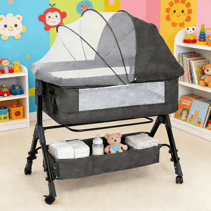 Bedside Bassinet with Lockable Wheels, Height-Adjustable 3-in-1 Crib-Side Infant Sleeper with Mosquito Net and Storage Bag, Dark Gray