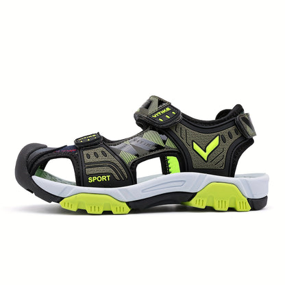 Boys Toe-Cap Sport Sandals with Two Adjustable Straps, Colorblock Summer Casual Shoes in Greenish Yellow or Sky Blue for Little Kid and Big Kid Outfits