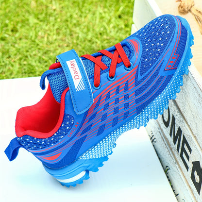 Boys Hook-and-Loop Sneakers in Blue, Breathable Low-Top Sport-Style Shoes with Geometric Pattern for Little Kid and Big Kid Casual Outings