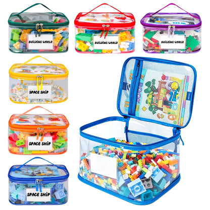 Clear Toy Storage Bags 6-Pack with Zippers and Labels, Reusable TPU Organizers for Building Blocks, Puzzles, Dolls and Board Games at Home or Away
