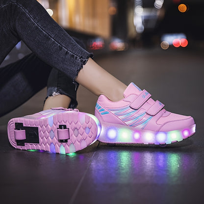 Kids Two-Wheel Roller Shoes with Flashing Lights, Pink Wheeled Sneakers for Boys and Girls in Toddler, Little Kid and Big Kid Sizes
