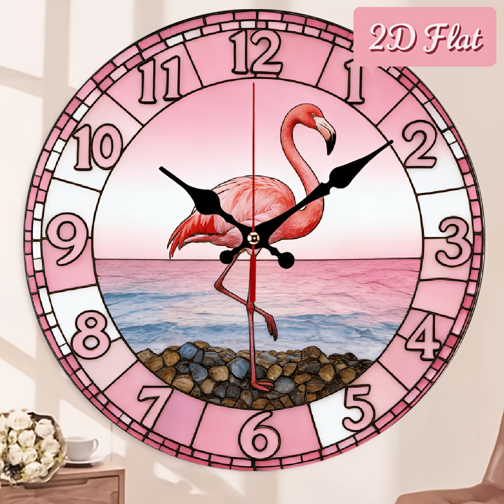 Flamingo Nursery Wall Clock 10 Inch with Pink Sunset Beach Print, Silent Non-Ticking 2D Flat Round Clock for Coastal Kids Room Decor