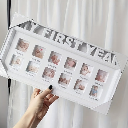12-Month Baby Milestone Photo Frame in White, Neutral First-Year Picture Display and Keepsake Sign for First Birthday or Baby Shower Gifts