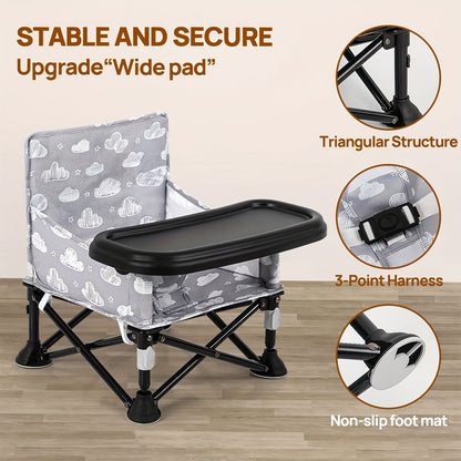Baby Travel Dining Chair with Tray, Portable Folding Feeding Seat with Kitchen Chair Attachment Straps for Indoor Meals and Outdoor Outings