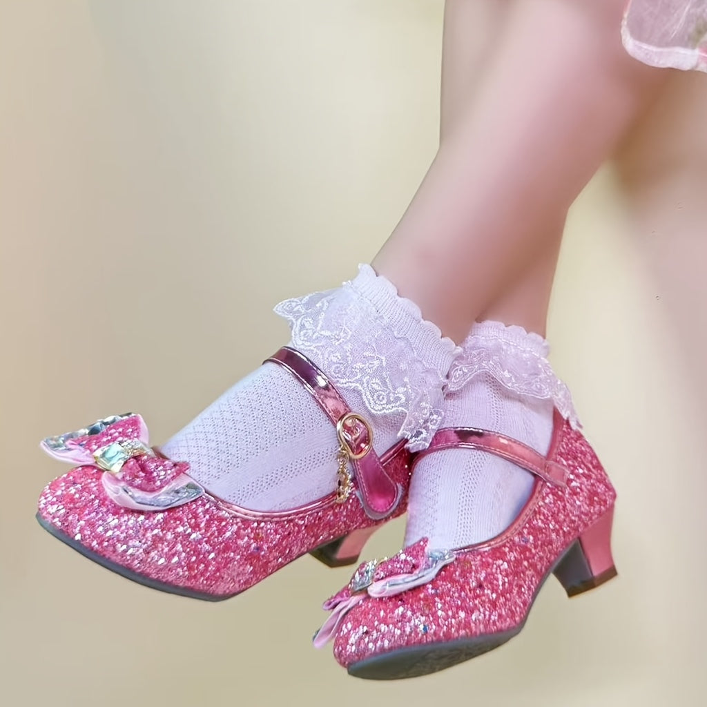 Dazzling Glitter Stone Mary Jane Party Heels for Girls - Sparkly Shoes with Round Toe & Magic Tape Closure, Perfect for Flower Girl, Wedding & Birthday Celebrations, Toddler to Big Kid Sizes
