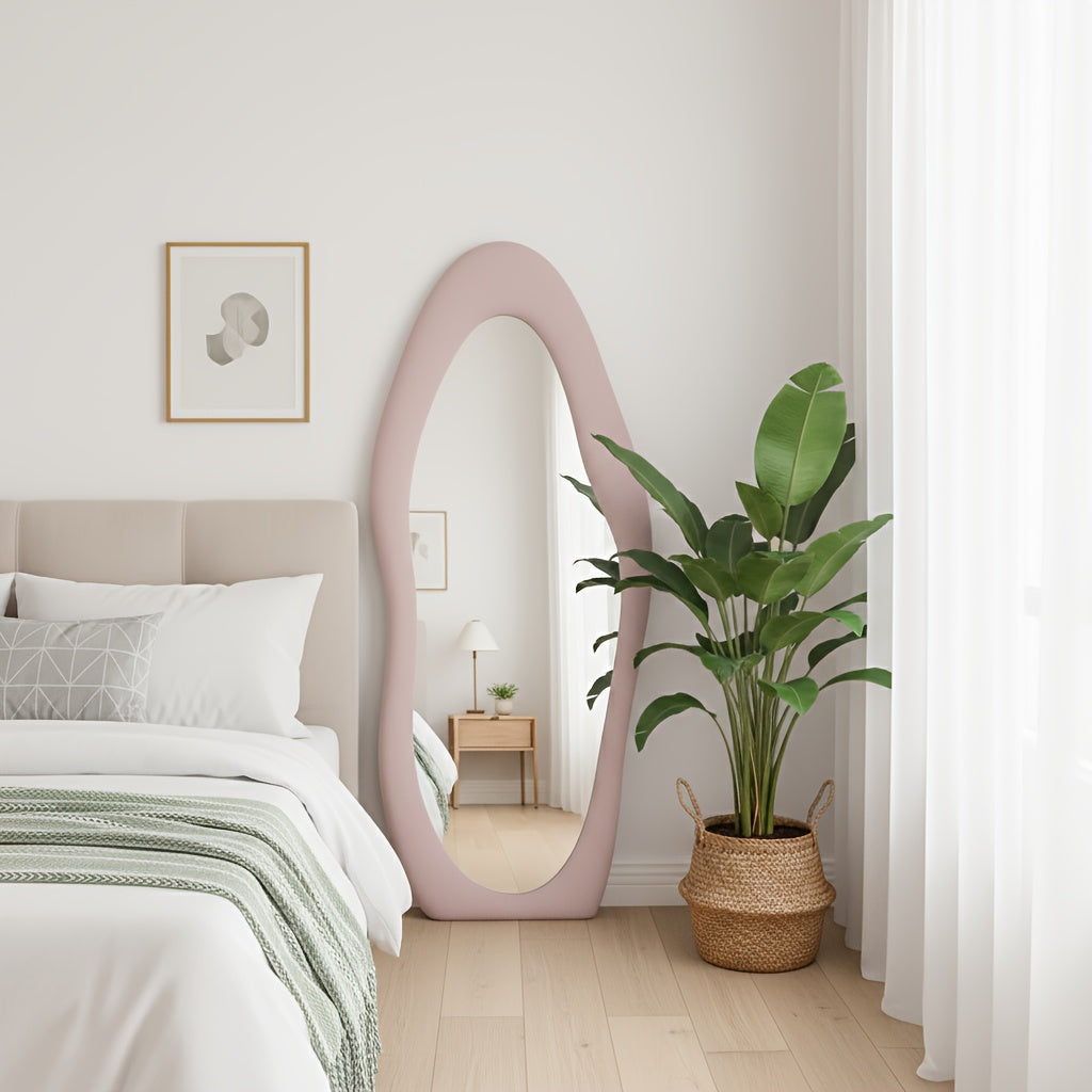 Full Length Mirror with Irregular Velvet Frame and Rounded Corners, Decorative Floor Mirror for Kids Room or Nursery in Six Colors