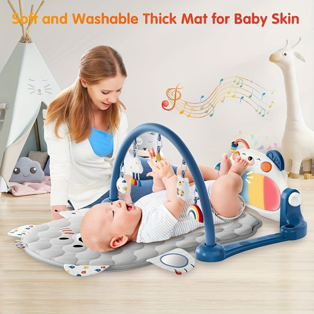 Kick Piano Baby Activity Gym with 5 Detachable Hanging Toys, Blue Play Mat for Supervised Tummy Time, Reaching and Everyday Floor Play