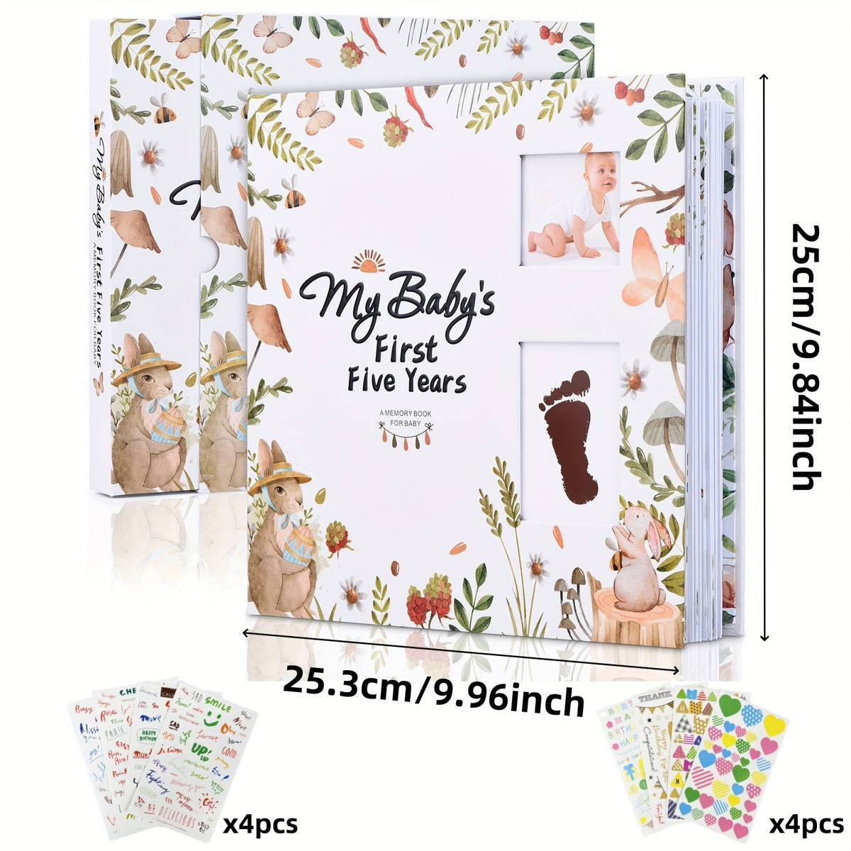 Baby Memory Book for First 5 Years, 124-Page Gender-Neutral Woodland Milestone Journal with Photo Spaces, Gold Foil Cover and Lay-Flat Binding