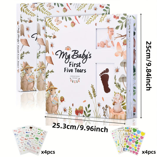 Baby Memory Book for First 5 Years, 124-Page Gender-Neutral Woodland Milestone Journal with Photo Spaces, Gold Foil Cover and Lay-Flat Binding