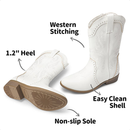 Girls' Western Riding Boots with Mid-Calf Style, Cowgirl-Cowboy Shoes in Pink, White or Dark Brown for Toddler, Little Kid & Big Kid Sizes