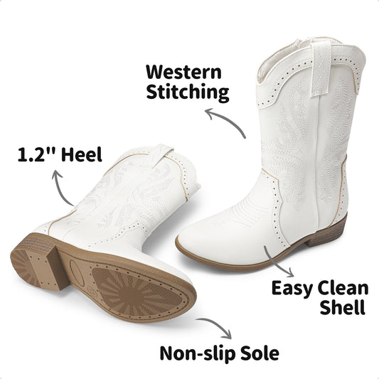 Girls' Western Riding Boots with Mid-Calf Style, Cowgirl-Cowboy Shoes in Pink, White or Dark Brown for Toddler, Little Kid & Big Kid Sizes