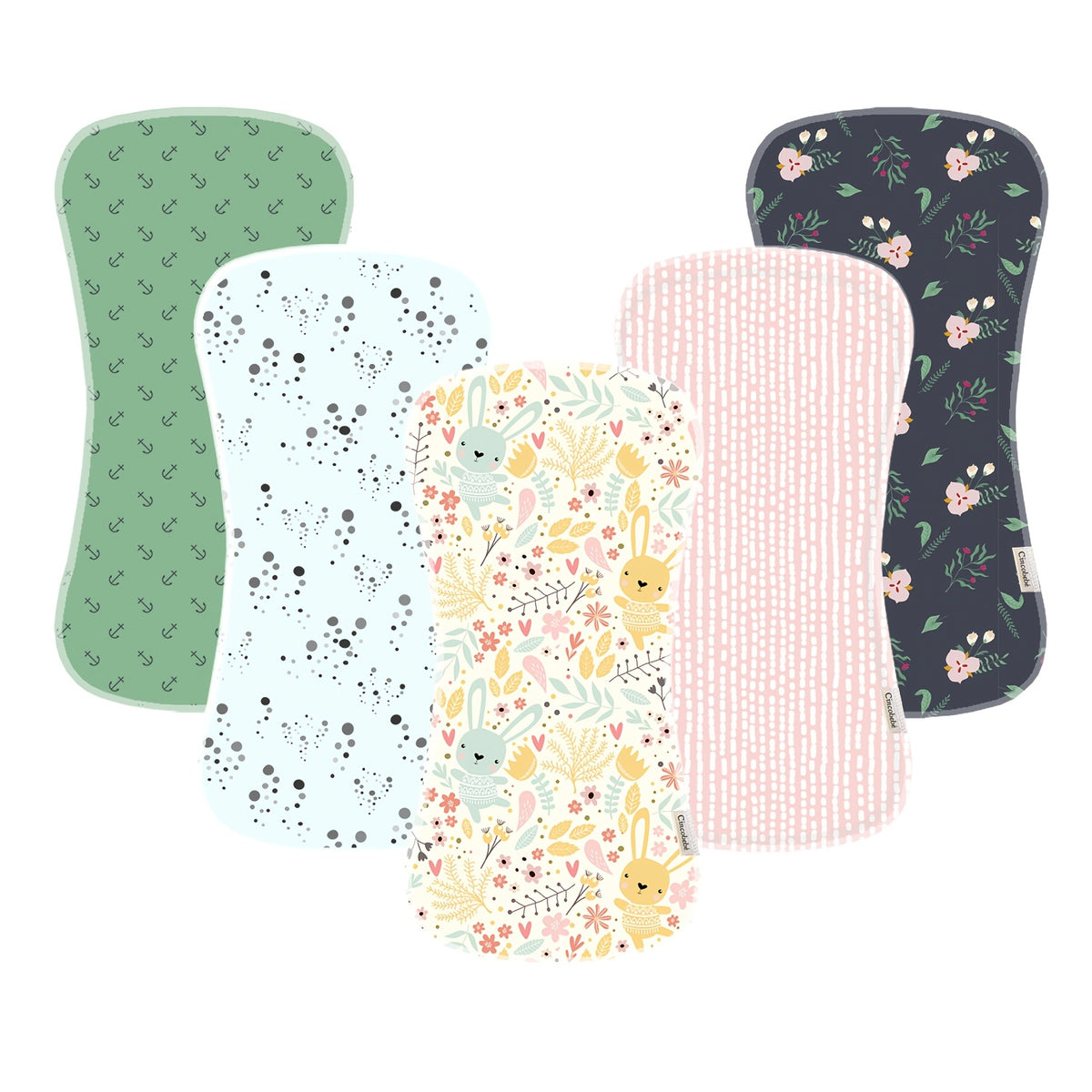 Contoured Burp Cloths 5-Pack for Newborn Feeding, Soft Absorbent Shoulder Burp Rags with Printed Pink, Blue and Mixed Color Style Options