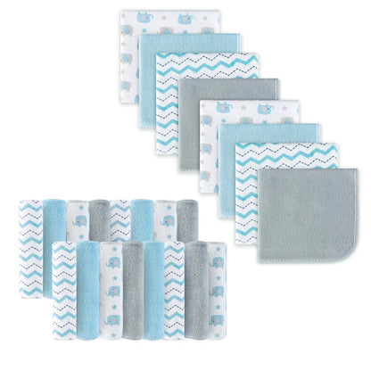 Soft Baby Washcloths 24-Pack, 9 x 9 Inch Absorbent Face and Body Bath Cloths with Whale, Elephant and Dinosaur Style Options for Everyday Care