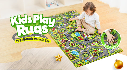 Kids City Road Rug Playset with 12 Toy Vehicles, 58.5 x 31.5 Inch Car Track Play Mat for Ages 3+, Pretend Town Adventures and Screen-Free Play