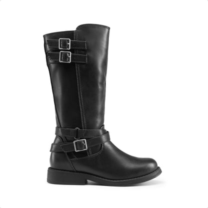 Girls' Buckle Knee-High Winter Boots with Classic Riding Style, Fabric Lining and PU Insole for Toddler, Little Kid & Big Kid, Black, Dark Brown or Sepia