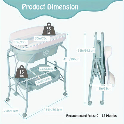 Folding Baby Changing Table with Bathtub and Wheels, Portable Diaper Station and Storage Shelf for Infants 0-12 Months, Space-Saving Rolling Nursery Cart with Weight Capacity, Blue