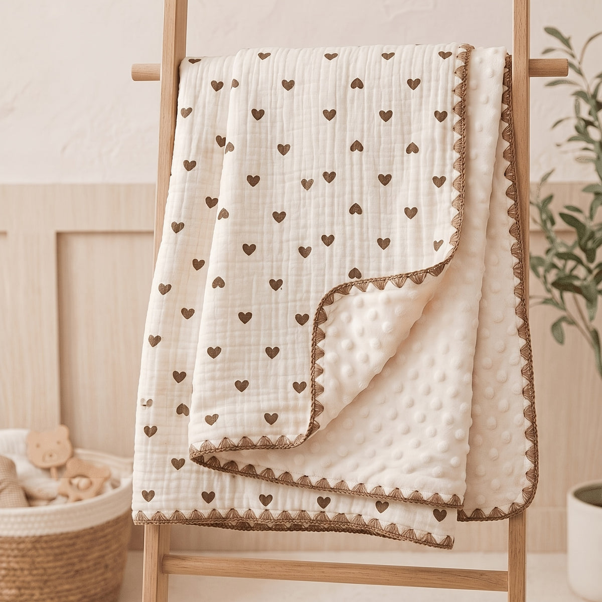 Double-Layer Baby Blanket with Cotton Gauze and Minky Dot Backing, 39.37 x 39.37 Inch Newborn Wrap in Bear, Rabbit and Dinosaur Prints
