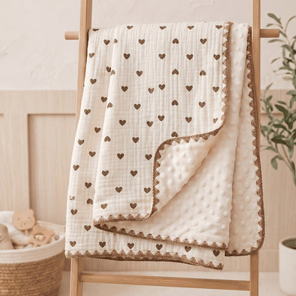 Double-Layer Baby Blanket with Cotton Gauze and Minky Dot Backing, 39.37 x 39.37 Inch Newborn Wrap in Bear, Rabbit and Dinosaur Prints
