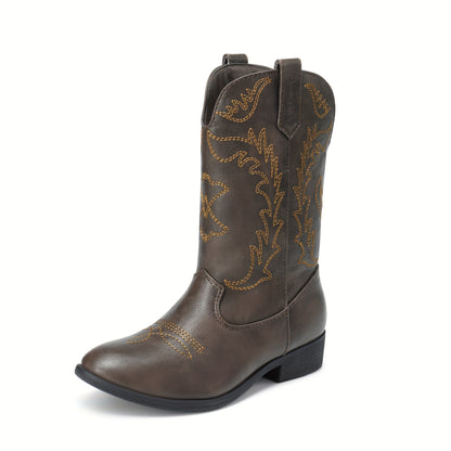 Embroidered Mid-Calf Western Riding Boots for Kids - Pull-On Cowboy Cowgirl Boots with Round Toe, Soft Lining & Flexible TPR Sole for Boys & Girls, Little Kid & Big Kid Sizes
