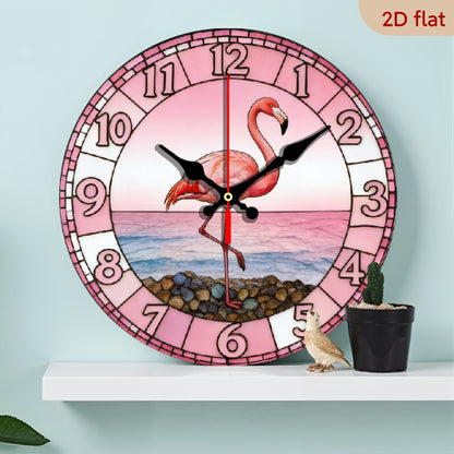 Flamingo Nursery Wall Clock 10 Inch with Pink Sunset Beach Print, Silent Non-Ticking 2D Flat Round Clock for Coastal Kids Room Decor