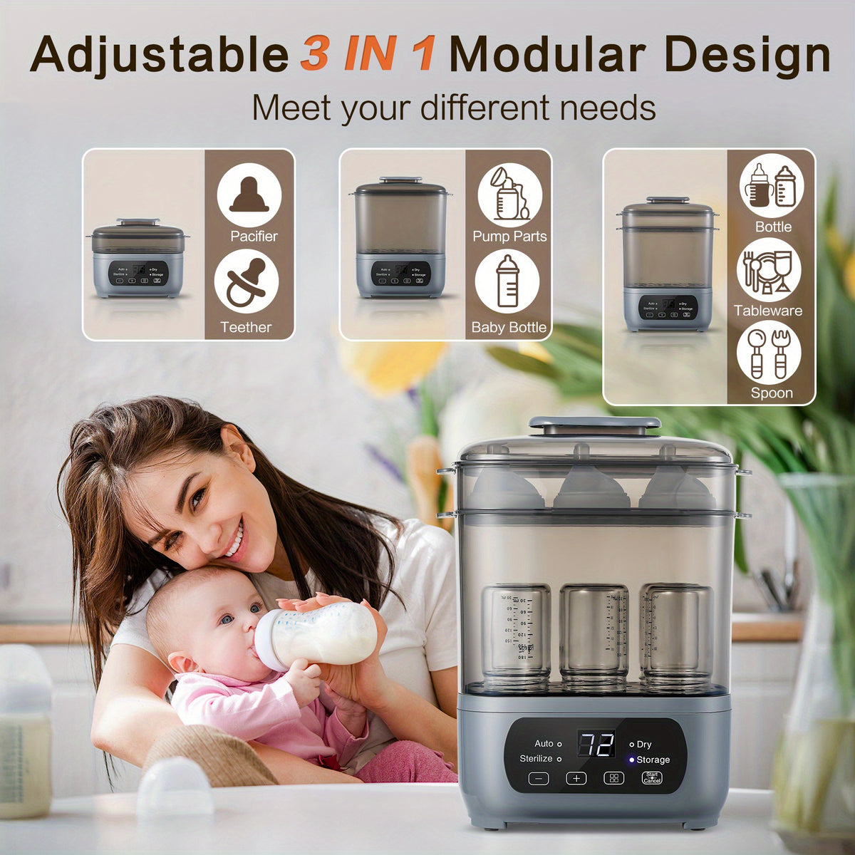 Modular Baby Bottle Steamer and Dryer with LED Touch Screen and Auto Shut-Off, Electric Countertop Care for Compatible Bottles and Pump Parts