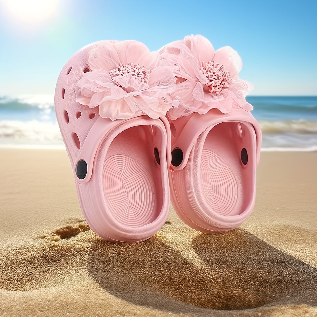 Pink Flower Kids Slippers for Girls, Soft-Feel Summer Slip-On Clog-Style Shoes for Toddler and Little Kid Sizes, Casual Beach Vacation Looks