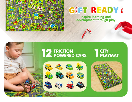 Kids City Road Rug Playset with 12 Toy Vehicles, 58.5 x 31.5 Inch Car Track Play Mat for Ages 3+, Pretend Town Adventures and Screen-Free Play