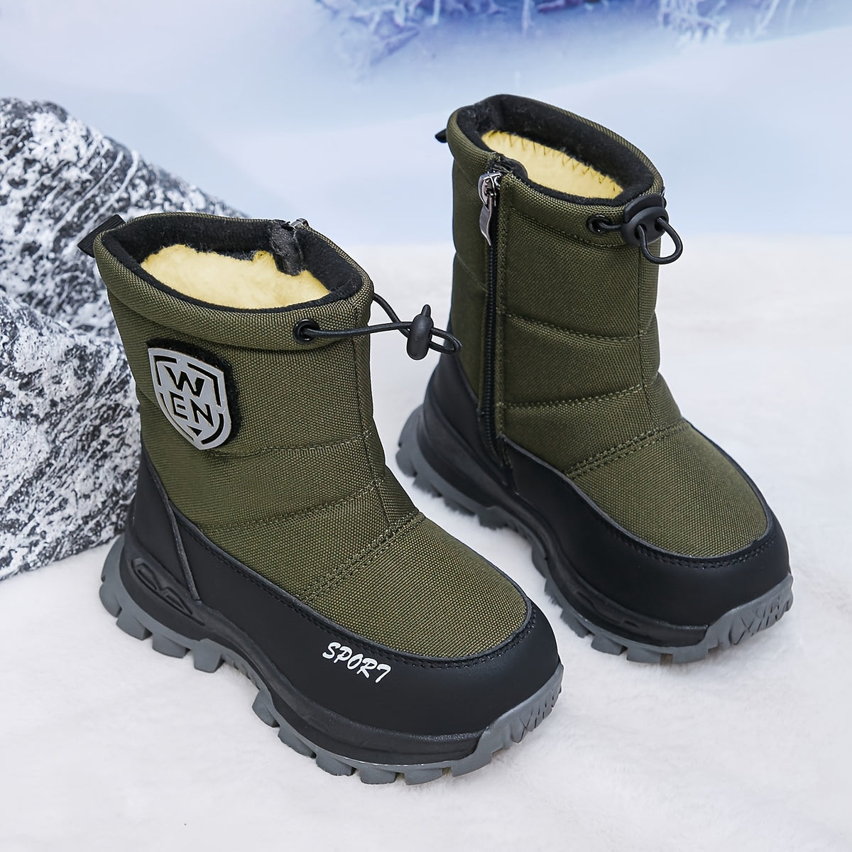 Fleece-Lined Kids Winter Snow Boots - Waterproof Nylon Upper, Anti-Slip Thick Sole, Zip & Drawstring Closure for Boys & Girls, Warm Outdoor Winter Footwear with Durable Rubber Sole