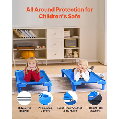 Stackable Toddler Nap Cots (Pack of 4 or 6) – Portable Daycare Sleeping Beds for Kids, 52" L x 23" W Preschool Classroom Rest Cots with Sturdy Steel Frame and Breathable Oxford Fabric, Blue