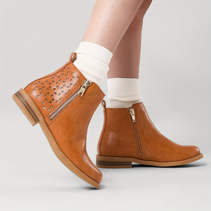 Girls Side-Zip Ankle Boots in Tan by DREAM PAIRS KIDS, Low-Heel Round-Toe Short Boots for Toddler, Little Kid and Big Kid Fall Outfits
