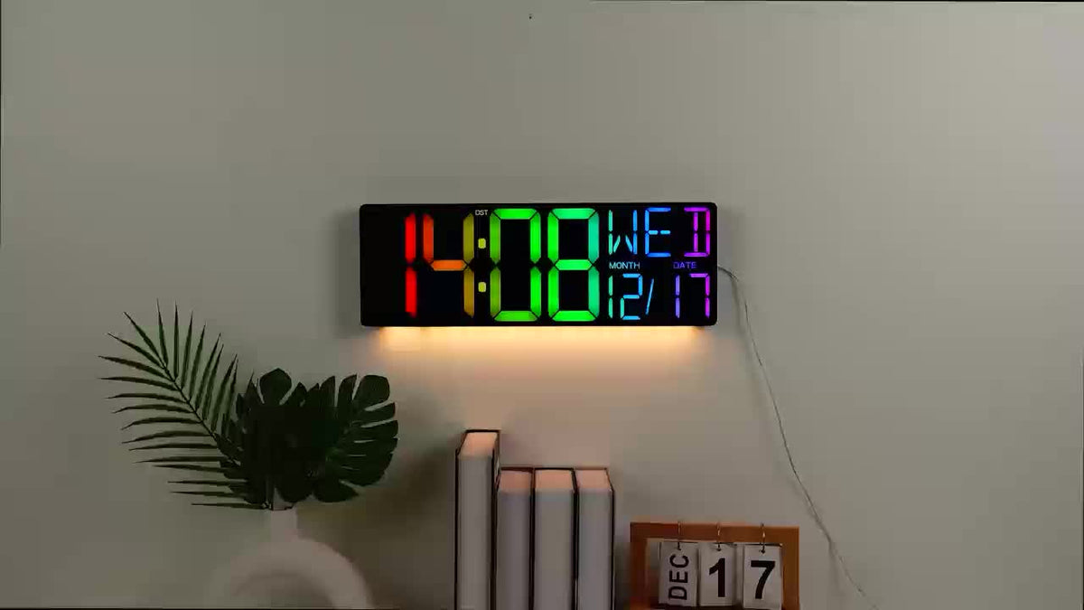 LED Digital Wall Clock 18 Inch with 8 RGB Display Colors, Remote Control and 10-Level Dimming, Timer, Temperature and Alarm for Home Rooms