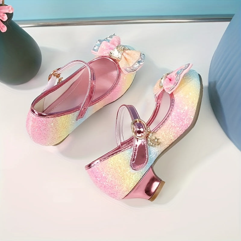 Girls Iridescent Dress Shoes with Bow and Heart Charm, Sparkly Round-Toe Heels with Hook-and-Loop Strap for Weddings, Parties and Performances