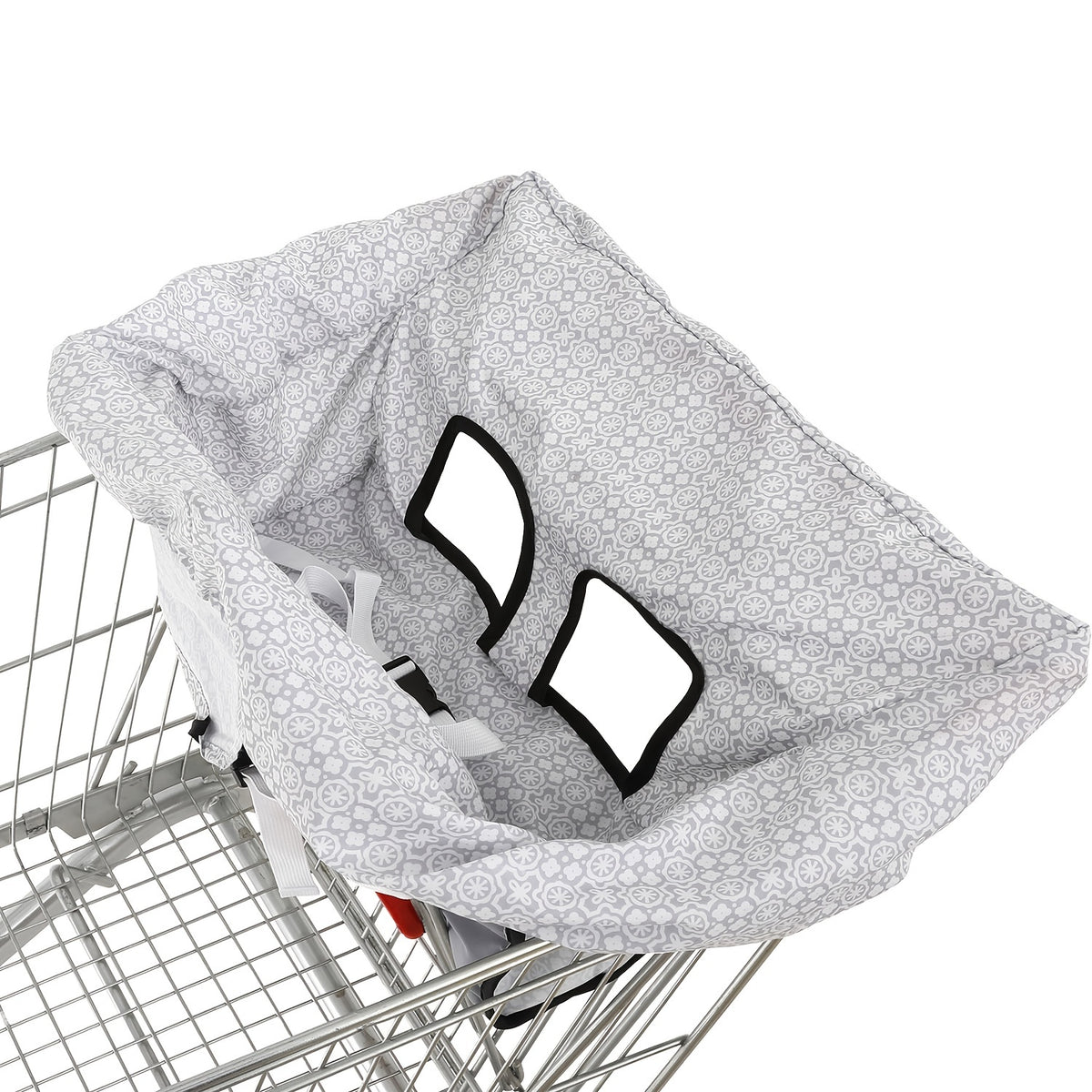Padded Baby High Chair and Shopping Cart Seat Cover, Machine-Washable Portable Cushion with Attached Storage Bag in Grey Flower or Blue Owl