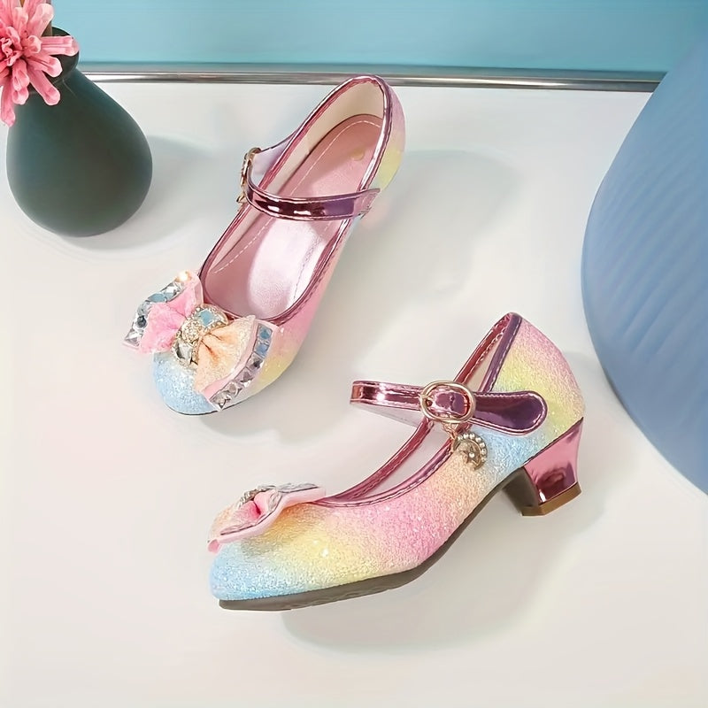 Girls Iridescent Dress Shoes with Bow and Heart Charm, Sparkly Round-Toe Heels with Hook-and-Loop Strap for Weddings, Parties and Performances