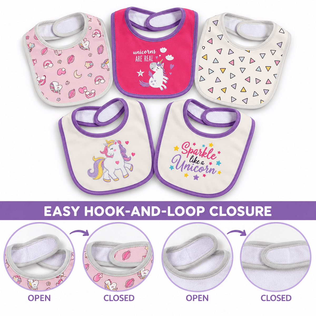 Double-Layer Cotton Baby Bibs 5-Pack with Cartoon Designs, Absorbent Adjustable Feeding Bib Set for Boys and Girls Ages 0–3 Years