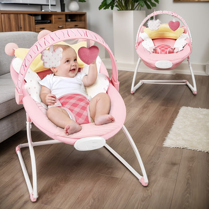 Foldable Infant Bouncer Seat with Hanging Toy Arch, Pink Crown or Green Crocodile Design for Supervised Awake Play, Listed Up to 20 lbs