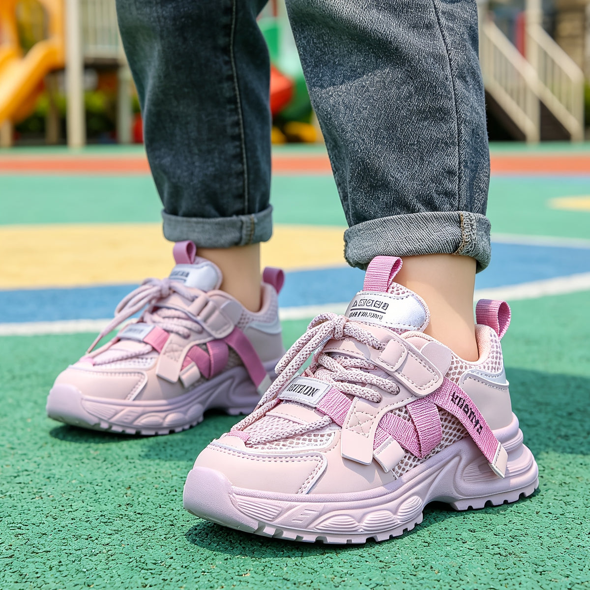 Beige Toddler Running Sneakers for Girls, Lightweight Breathable Mesh Shoes with Non-Slip Design and Chunky Dad-Shoe Style, Casual Kids Footwear in Toddler to Big Kid Sizes