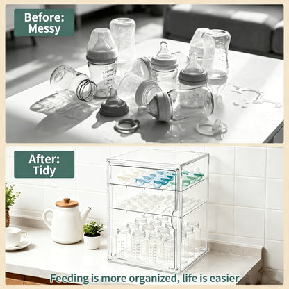 Clear Baby Bottle Storage Organizer with Covered Access and Divided Shelves, Small or Large Feeding Supply Storage Box for Countertop Organization