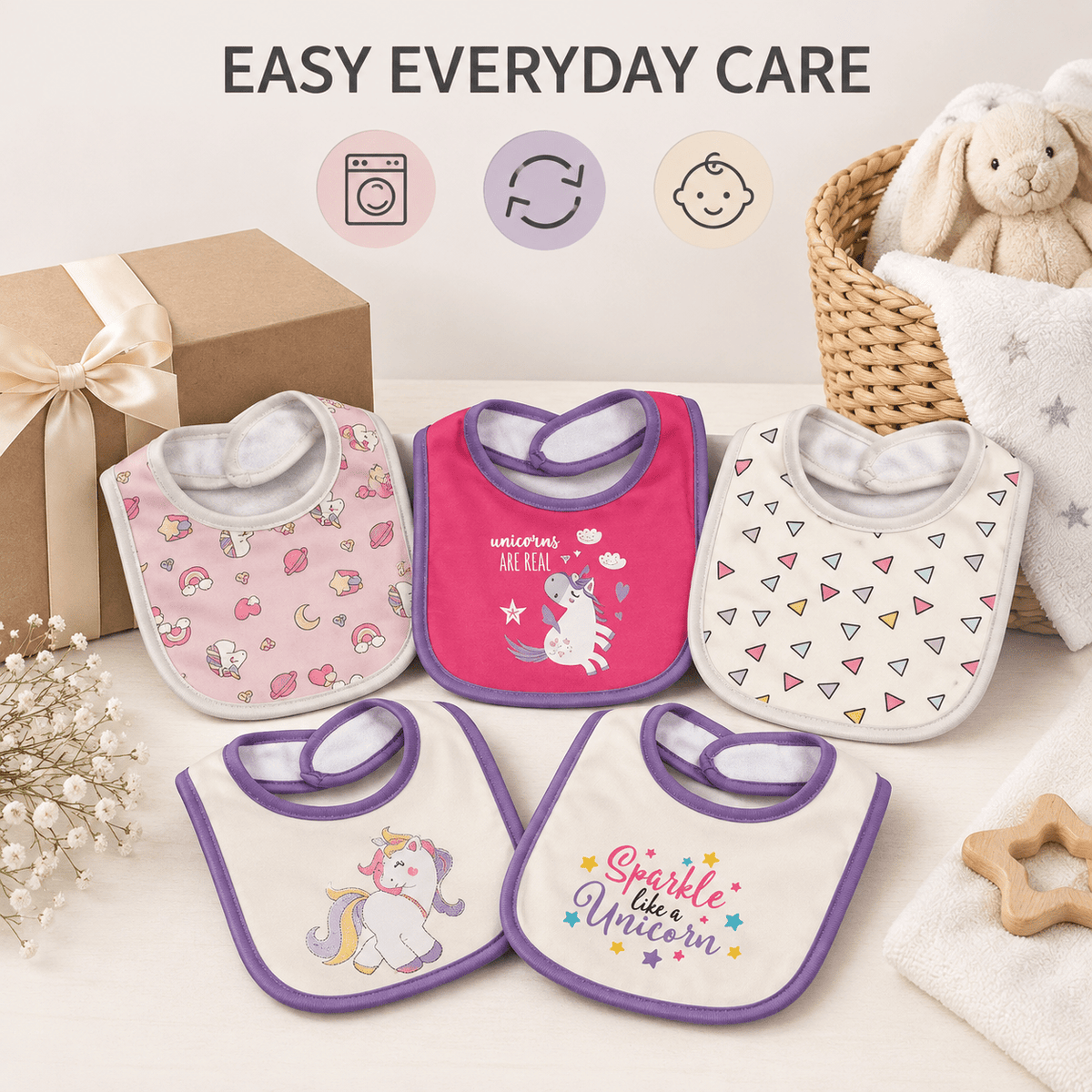 Double-Layer Cotton Baby Bibs 5-Pack with Cartoon Designs, Absorbent Adjustable Feeding Bib Set for Boys and Girls Ages 0–3 Years
