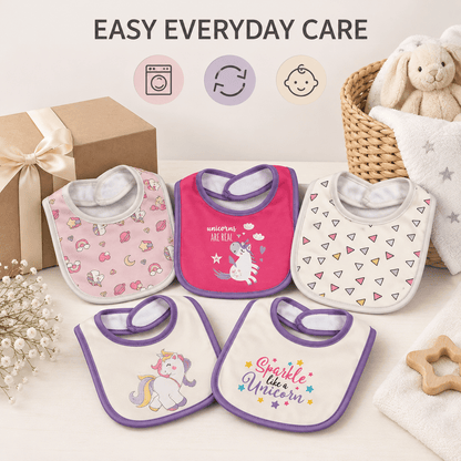 Double-Layer Cotton Baby Bibs 5-Pack with Cartoon Designs, Absorbent Adjustable Feeding Bib Set for Boys and Girls Ages 0–3 Years