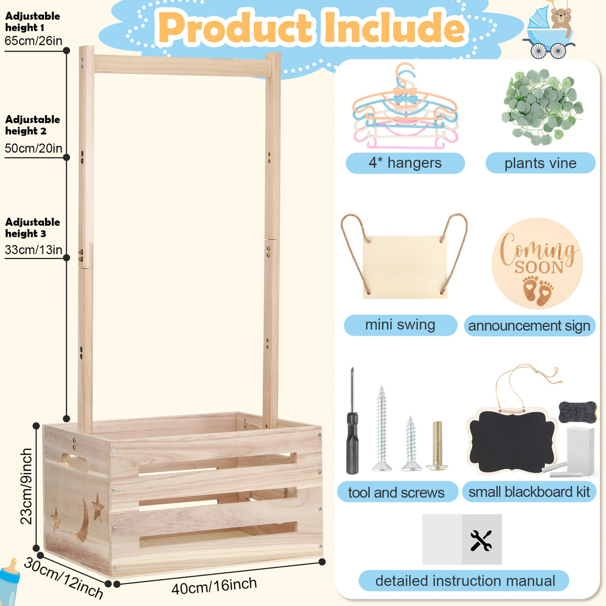Wooden Baby Shower Gift Crate with Handle, Large 4-in-1 Assembly Basket for Pregnancy and New Parent Gift Displays and Keepsake Storage