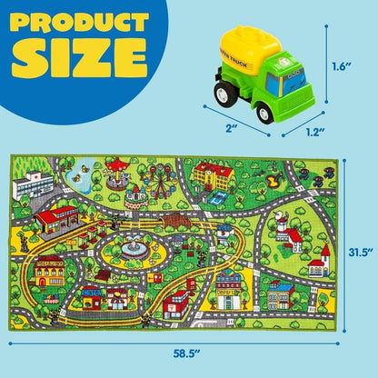 Pull-Back Car City Play Rug Set, 12 Friction-Powered Vehicles with a 58.5 × 31.5-Inch Road Map Carpet for Pretend Play, Ages 3+