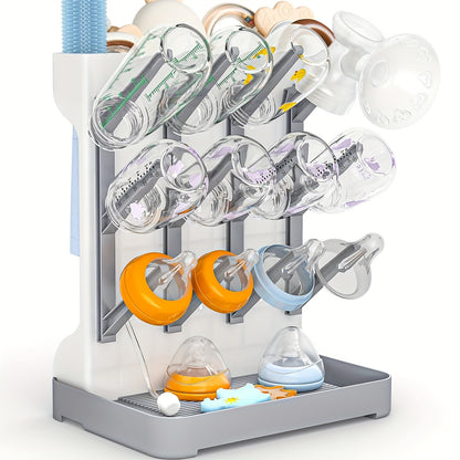 Space-Saving Bottle Drying Rack with Vertical Bottle Holders and Drip-Through Top Accessory Tray, Countertop Organizer for Baby Feeding Supplies