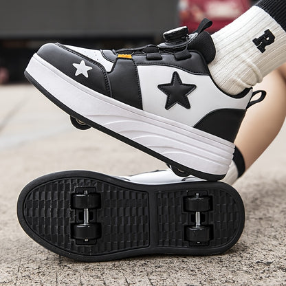Boys Mesh Roller Sneakers with Removable Wheels, Black Low-Top Skate Shoes with TPR Insole and 2-Wheel or 4-Wheel Options for Outdoor Play
