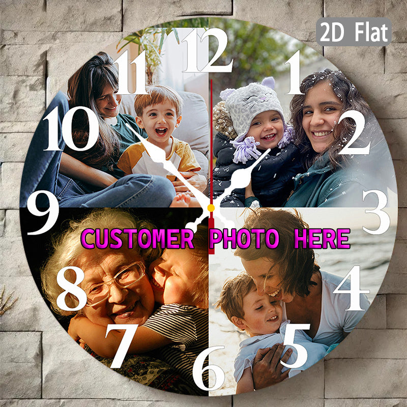 Quartz Photo Wall Clock for Nursery with Personalized Picture Panel, Silent Round 12-Inch Analog Timepiece with Artificial Wood Frame for Room Decor
