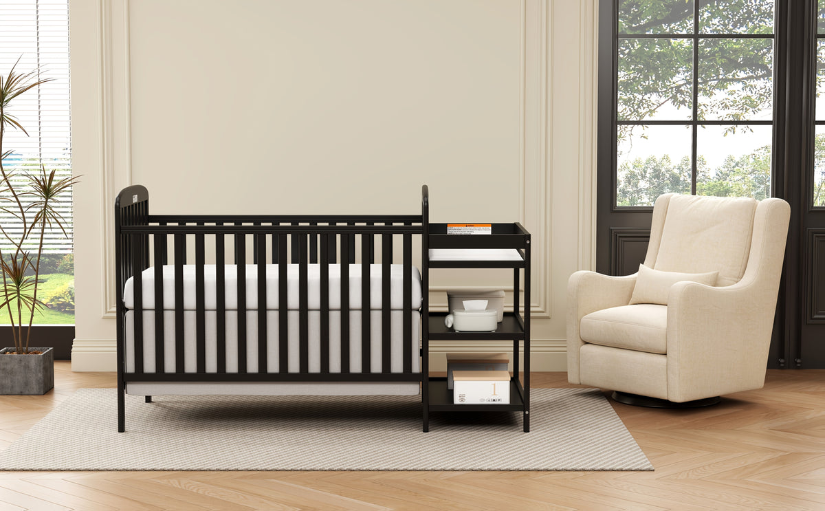 Baby Crib with Changing Table, Goldzone 4-in-1 Convertible Wooden Nursery Crib with Four Mattress Heights, Two Storage Shelves and Toddler Bed Conversion, White