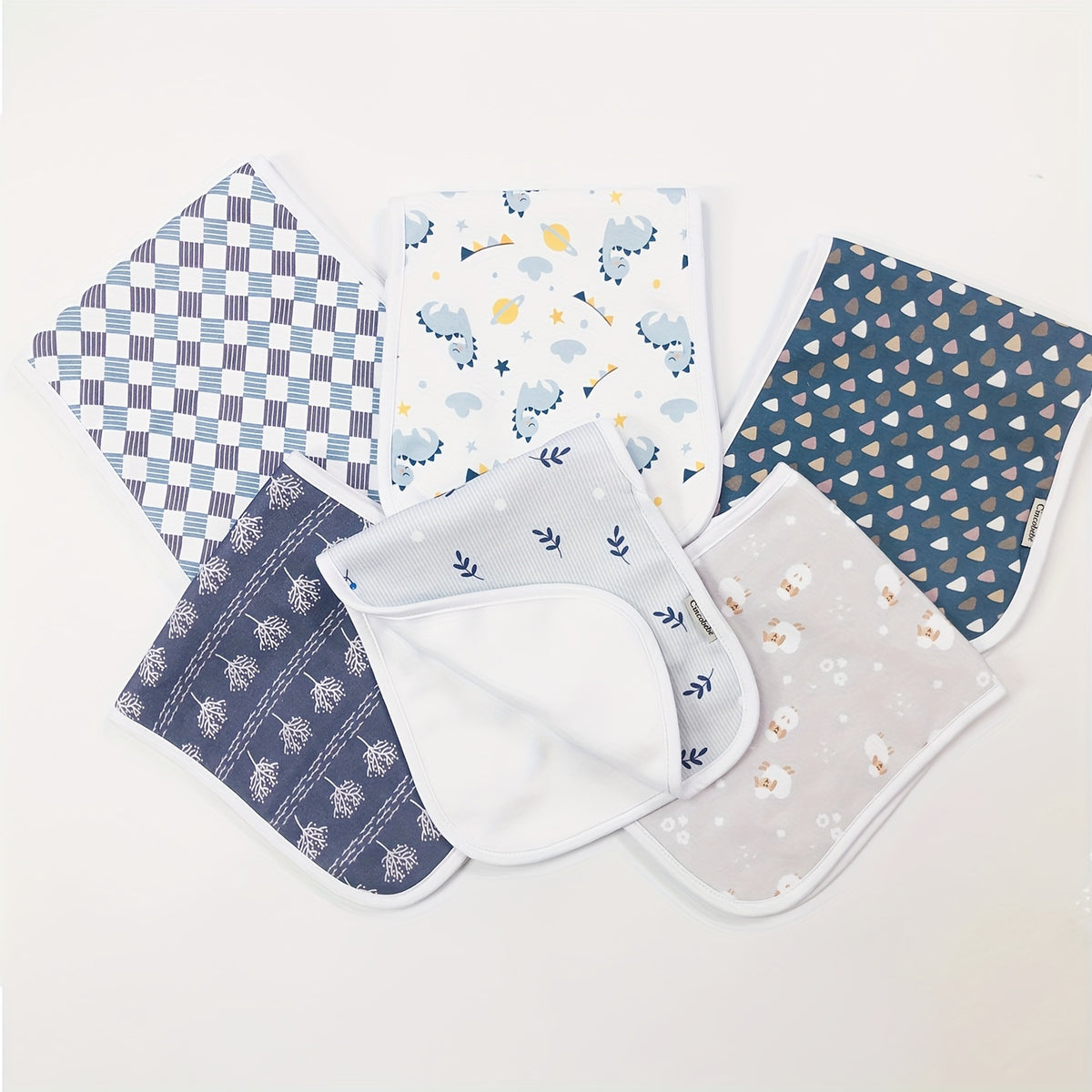 Newborn Burp Cloths 6-Pack, Soft Breathable Contoured Spit-Up Cloth Set with Cartoon Prints for Baby Boys and Girls and Everyday Feeding