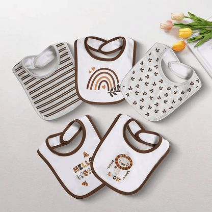 Embroidered Baby Feeding Bibs 5-Pack, Soft Absorbent Cotton Outer Layer with Cartoon Designs for Infant Mealtimes and Drool, Boys and Girls