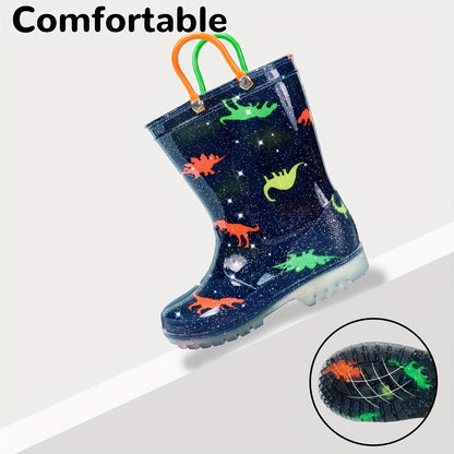 Kids Cartoon Rain Boots in Black, Easy-to-Carry Rainy-Day Footwear for Outdoor Play, with US 8 Toddler, US 12–13 Little Kid and US 1–3 Big Kid Size Options